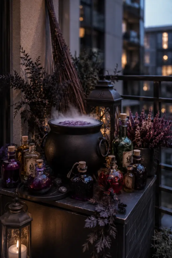 Stylish Halloween balcony witch’s potion corner with a cauldron, glowing potion bottles, broomstick, subtle fog, and modern evening lighting.