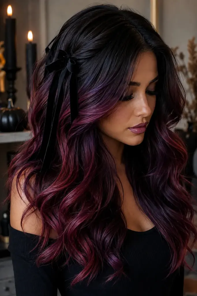 Witchy ombre waves with modern purple and burgundy highlights for Easy Best Halloween Hair Design Ideas for Stunning Looks