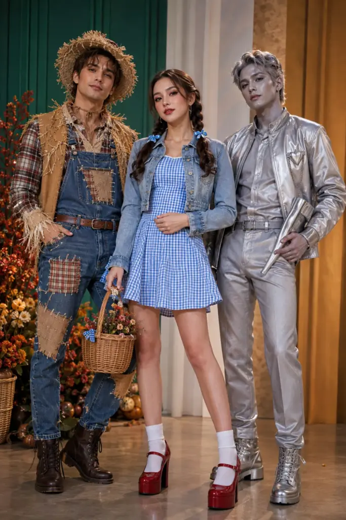 Three friends in modern Dorothy, Scarecrow, and Tin Man Halloween trio outfits featuring blue gingham, rustic denim, metallic silver styling, modern shoes, makeup, and accessories.