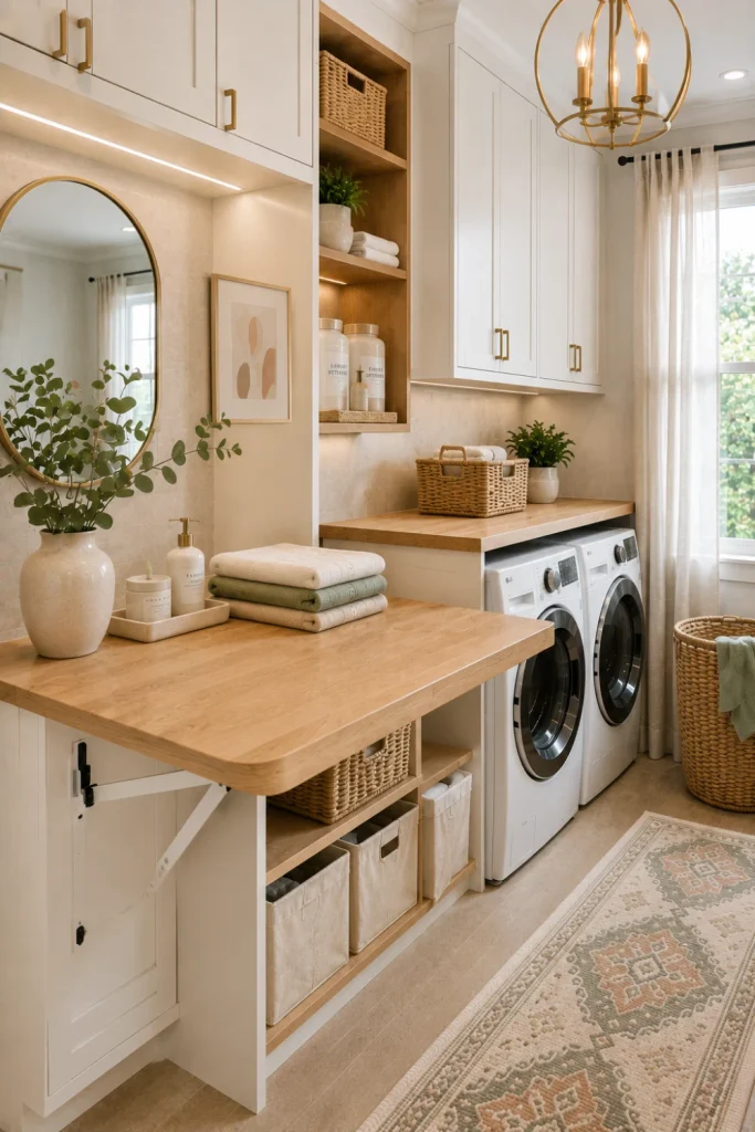A modern wood-and-white laundry room folding table with a warm oak countertop, white cabinets, sage accents, woven storage baskets, and elegant 2026 decor.