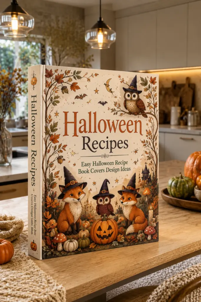 Cute spooky woodland Halloween recipe book cover with foxes, owls, witch hats and colorful autumn leaves.
