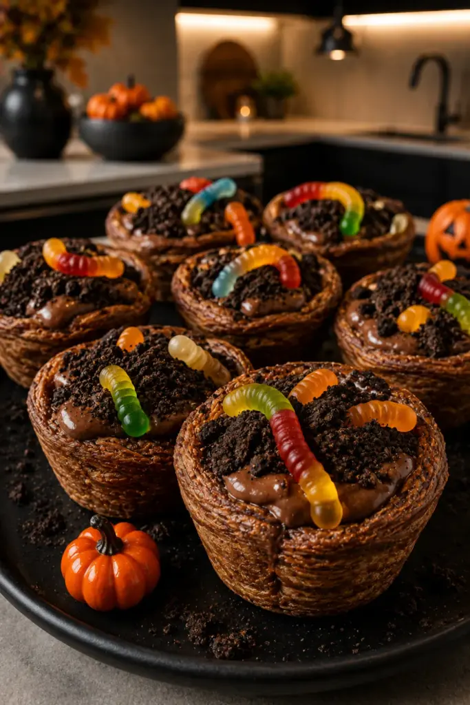 Wormy dirt cups made with crisp chocolate puff pastry cups, creamy chocolate pudding, cookie crumbs, and gummy worms for Halloween.