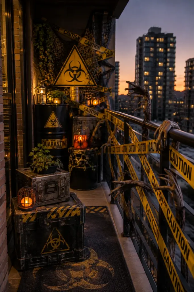Contemporary zombie apocalypse Halloween balcony with caution tape, biohazard signs, zombie hands, industrial crates, and dramatic LED lighting.