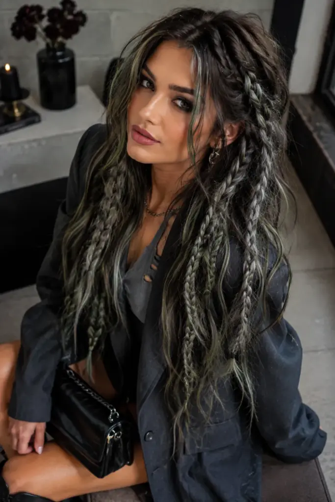 Messy distressed zombie braids with modern gray-green highlights for Easy Best Halloween Hair Design Ideas for stunning looks.