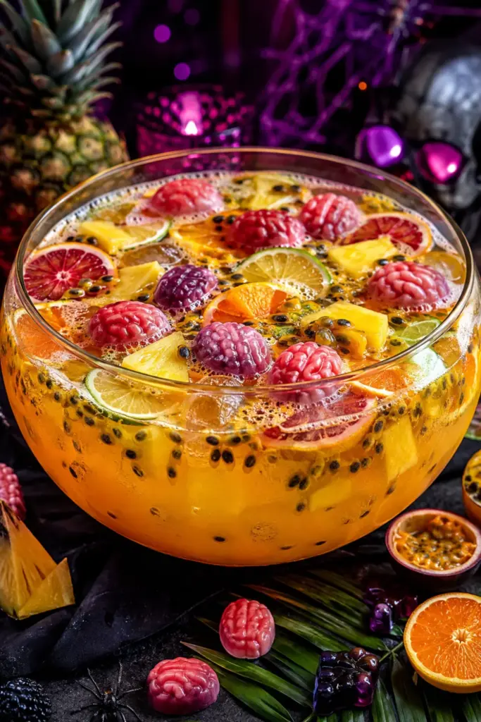 Zombie Brain Jungle Juice with passion fruit juice, pineapple, citrus soda, rum, and gummy brains in a colorful, creepy Halloween punch presentation.