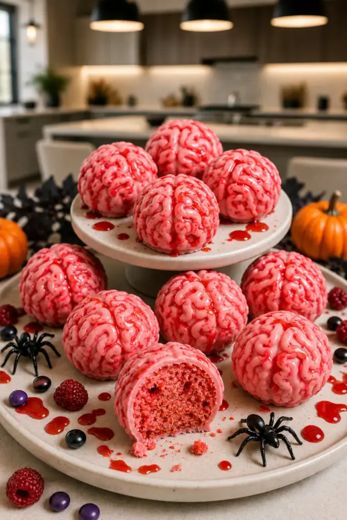 Zombie brain strawberry cake balls with pink candy coating and squiggly brain details are arranged on a colorful modern Halloween dessert platter.
