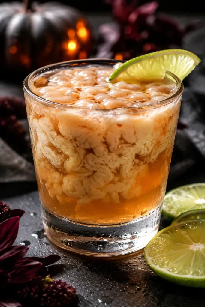 The Zombie Brains cocktail is made with peach schnapps, Bailey's, and lime juice, featuring a creepy creamy brain-like texture in a clear Halloween glass.