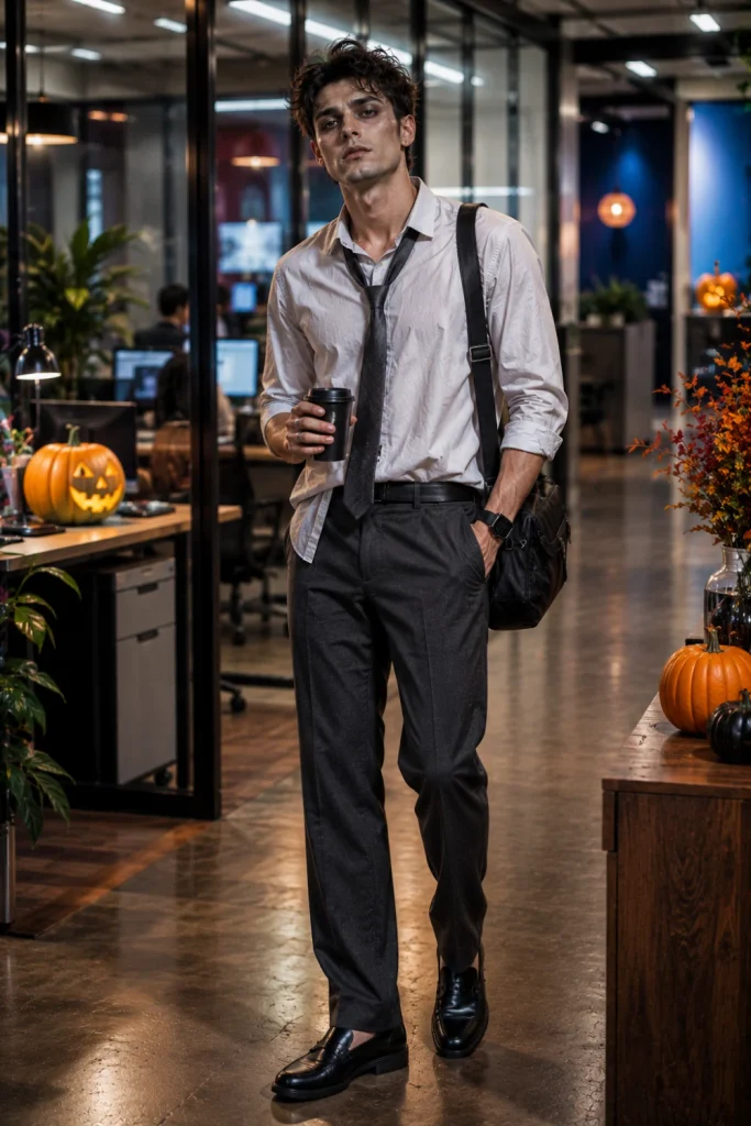 Stylish zombie office worker Halloween outfit for men with wrinkled shirt, loosened tie, tired makeup, trousers, and coffee cup prop