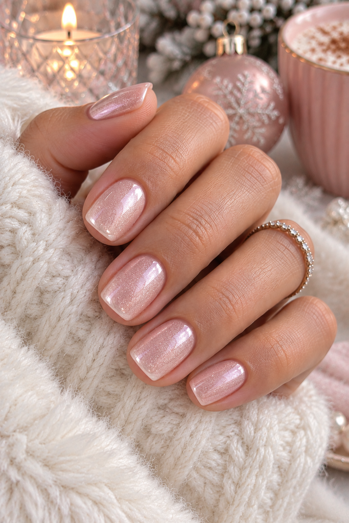 Sheer blush pink frosted short nails with a soft pearly winter glow and elegant contemporary styling for 2026.