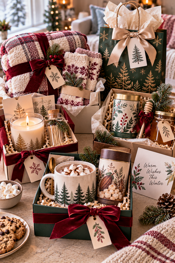 Last-minute winter gift ideas featuring a mug and cocoa, a candle and matches, a blanket and socks, tea and honey, and elegant ready-to-give packaging.
