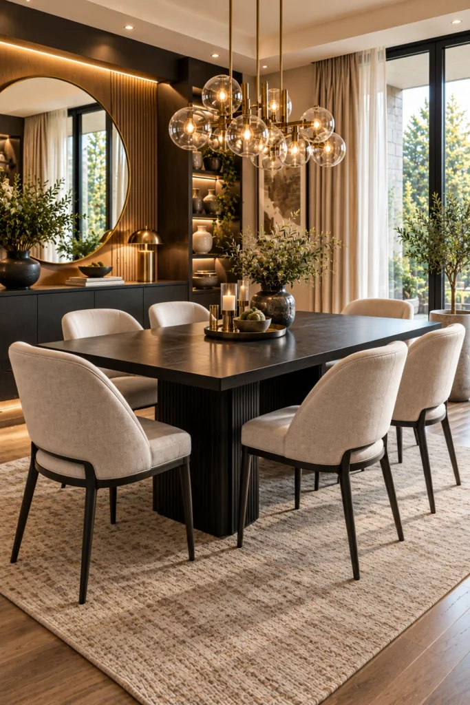 Elegant black dining room set with dramatic dark finishes, warm lighting, a modern mirror, cabinetry, and luxury décor.