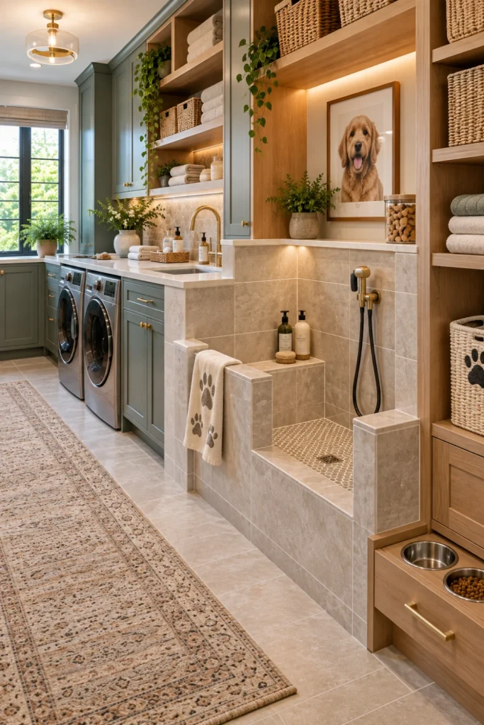 Modern laundry room with built-in pet wash station, handheld faucet, durable tile, integrated pet storage, warm cabinetry, and stylish contemporary finishes.