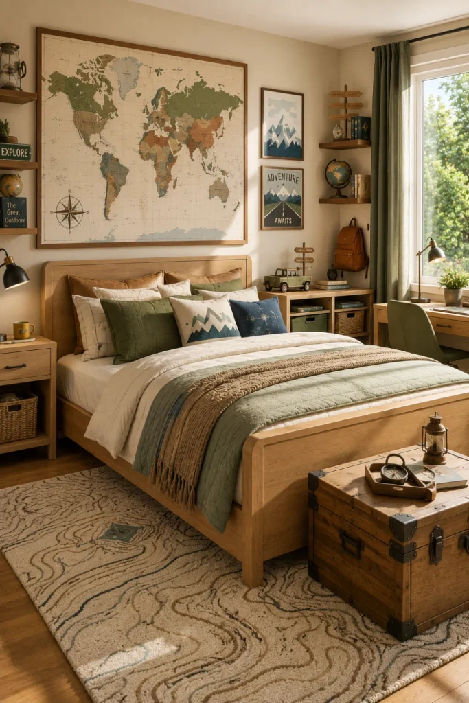 Adventure-themed boy’s bedroom with a world map, natural wood furniture, travel decor, earthy colors, cozy bedding, and modern kid-friendly styling.