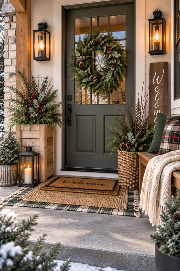Affordable DIY winter porch makeover with repurposed baskets, simple greenery, lanterns, seasonal branches, and cozy modern accents.