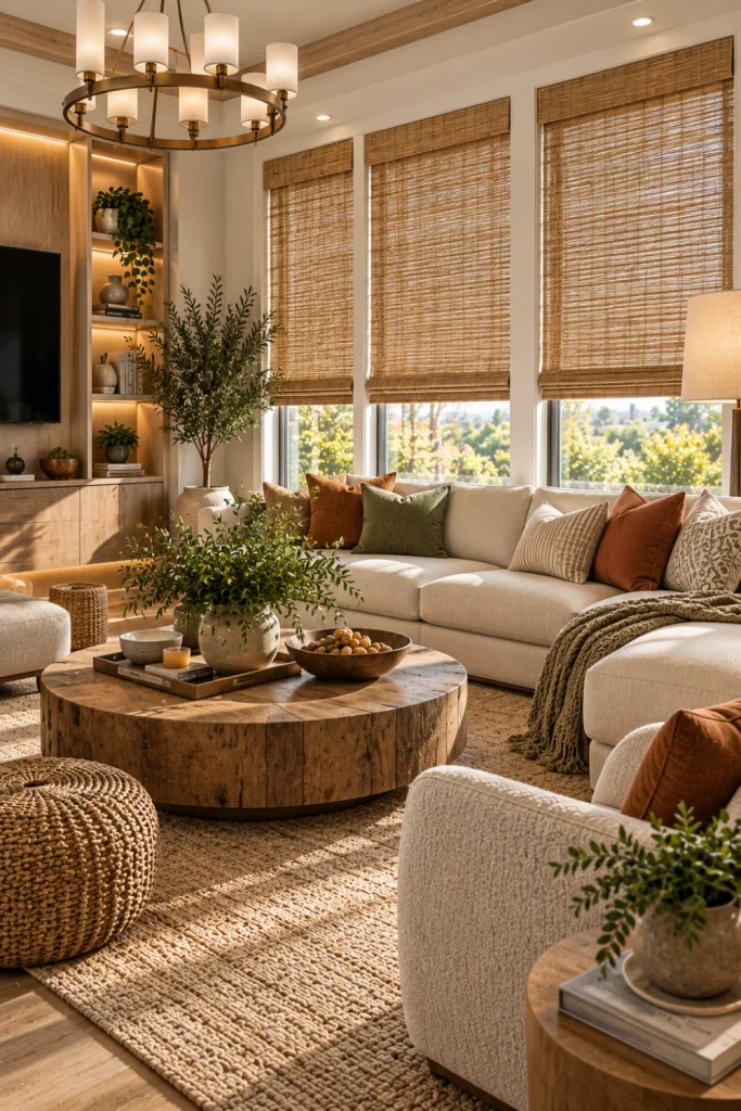 Affordable Living Room Window Shades and Blinds featuring elegant woven bamboo shades, natural textures, modern furniture, warm lighting, and sophisticated contemporary decor.