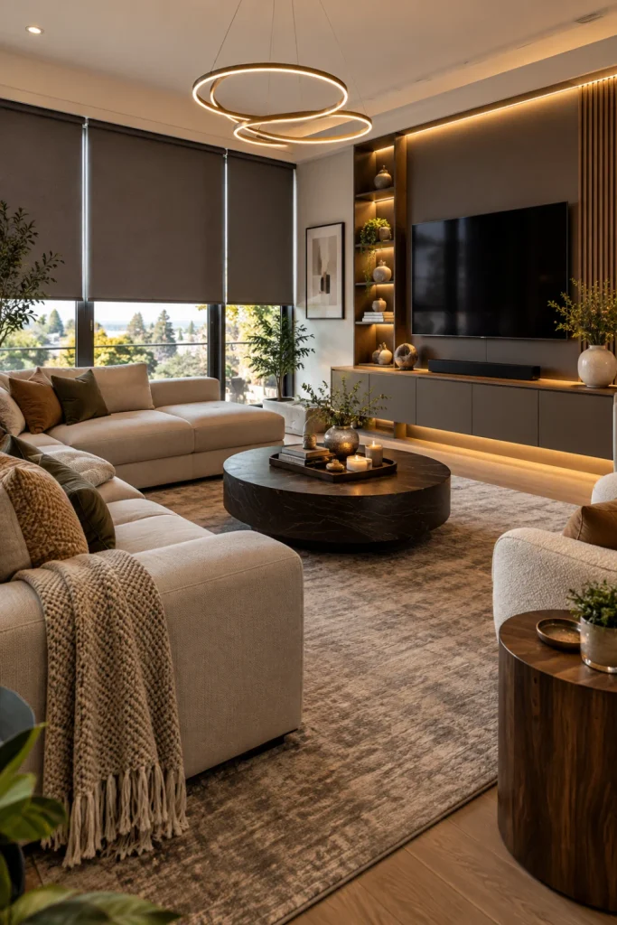 Affordable Living Room Window Shades and Blinds featuring sleek blackout roller blinds in a sophisticated modern TV living room with warm neutral furniture and contemporary lighting.