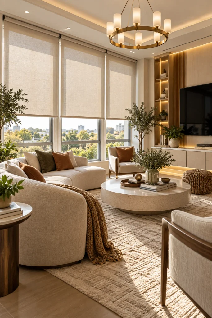 Affordable living room window shades and blinds featuring warm neutral roller shades in a stylish modern living room with layered textures, contemporary furniture, and elegant natural light.