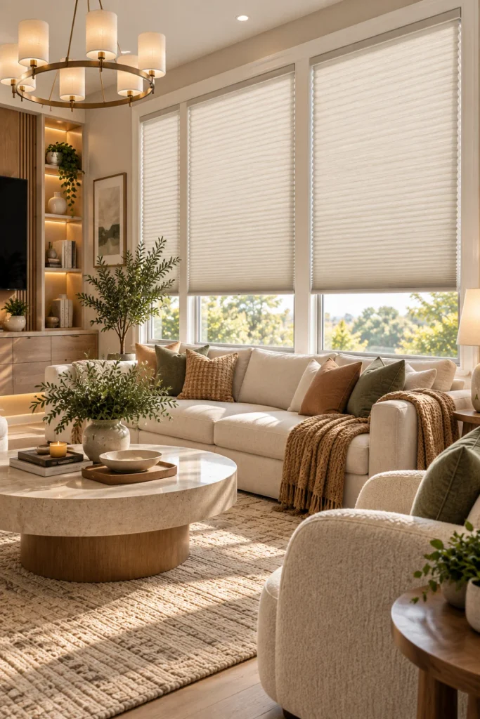 Affordable living room window shades and blinds featuring soft light-filtering cellular shades in a cozy contemporary living room with warm neutral decor and modern luxury styling.