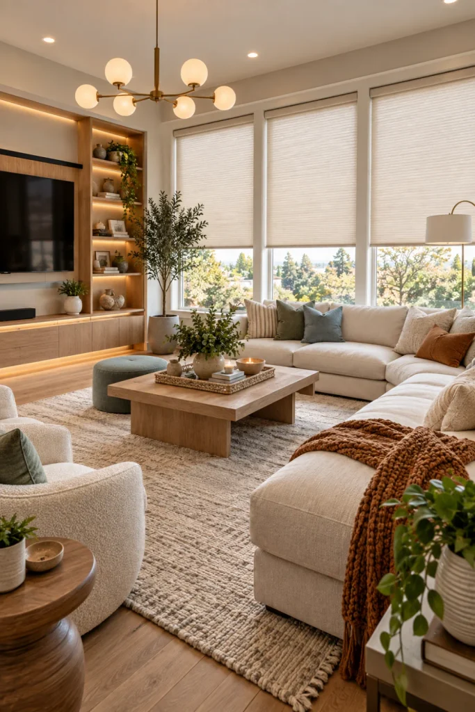 Affordable living room window shades and blinds featuring cordless light-filtering shades in a bright contemporary family room with cozy furniture, natural textures, and elegant modern lighting.