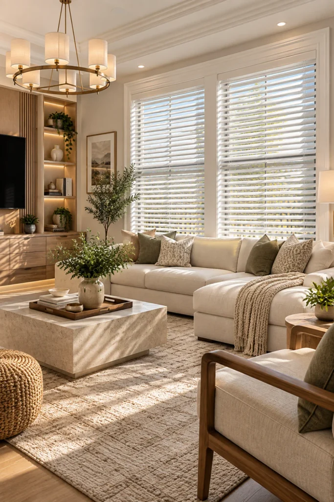 Affordable Living Room Window Shades and Blinds with crisp faux wood blinds, clean white trim, warm contemporary furniture, layered textures, and sophisticated modern decor.