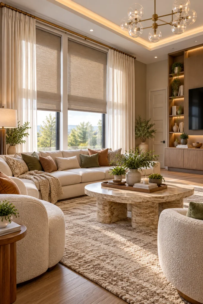 Affordable Living Room Window Shades and Blinds featuring layered roller shades and airy curtains in a luxurious modern living room with elegant furniture, warm lighting, and textured decor.
