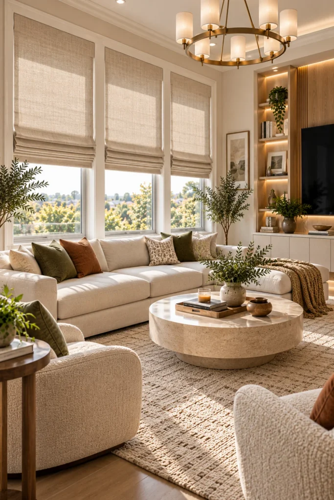 Affordable Living Room Window Shades and Blinds featuring soft neutral Roman shades, contemporary furnishings, textured rugs, elegant lighting, and sophisticated modern living room decor.