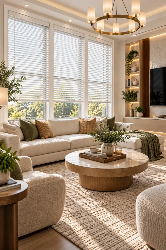 Affordable living room window shades and blinds with slim white mini blinds in a bright contemporary living room featuring modern furniture, clean trim, elegant lighting, and layered decor.
