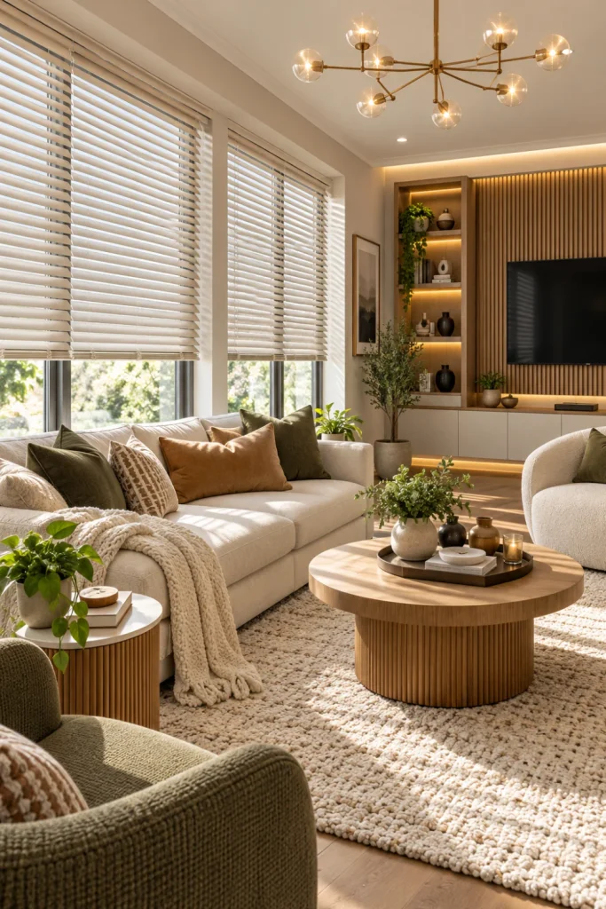 Affordable Living Room Window Shades and Blinds featuring soft contemporary vinyl blinds in a polished modern living room with elegant furniture, layered textures, built-in lighting, and stylish neutral decor.