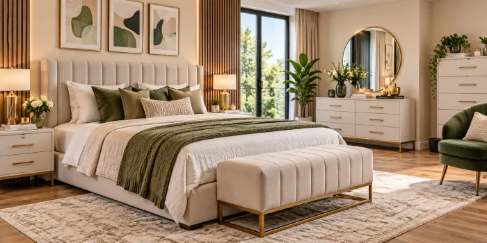Modern affordable bedroom furniture sets styled in a luxe bedroom with elegant finishes, cozy neutral bedding, contemporary decor, and polished lighting.