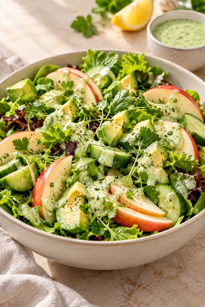 Apple and avocado green goddess salad with crisp greens, cucumber, fresh herbs, and silky creamy herb dressing in a vibrant modern Pinterest-style presentation.