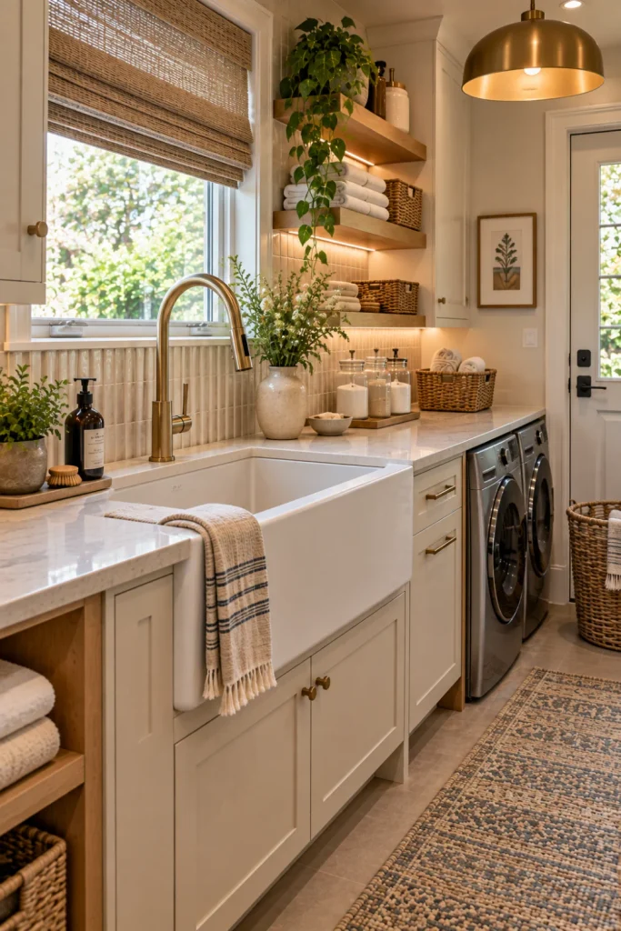 Elegant modern laundry room with a deep apron-front farmhouse wash tub sink, brushed brass faucet, warm white cabinetry, natural wood accents, patterned tile, woven baskets, and soft contemporary lighting.