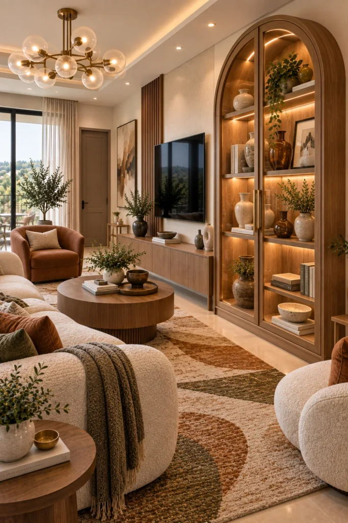 Sculptural arched display cabinet in warm oak with ceramic decor and books beside a cream sofa, curved lounge chair and modern coffee table in an elegant contemporary living room.