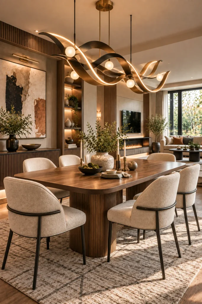 Artistic sculptural chandelier above an elegant designer dining room with a modern walnut table, cream chairs, contemporary artwork, and softly illuminated built-in cabinetry.