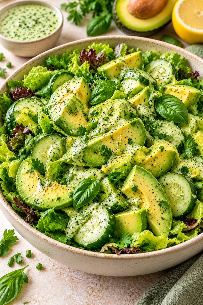 Avocado green goddess salad with crisp greens, cucumber, fresh herbs, and creamy herb dressing in a colorful modern food presentation.