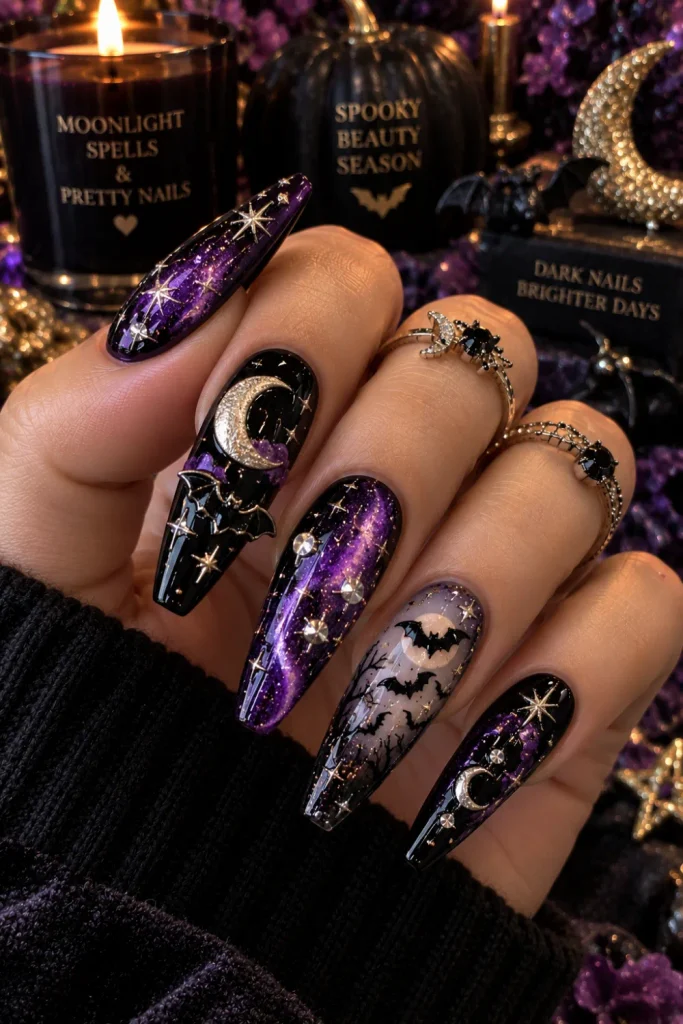 Bat and moon celestial chunky Halloween nails with black bats, crescent moons, stars, metallic details, purple shimmer, and glossy 3D accents.