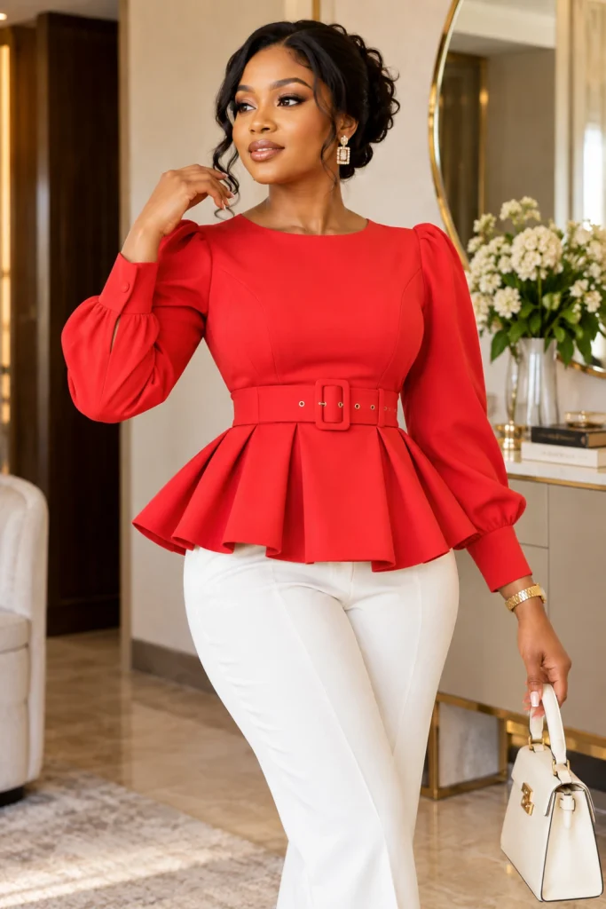 Modern belted long-sleeve peplum top with a sharply defined waist and elegant tailoring, inspired by Chic Peplum Tops and Tailored Blouse Sewing Ideas.