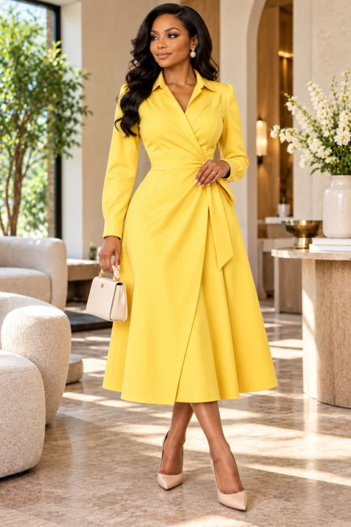 Butter-yellow belted wrap-front tailored shirt dress with a crisp collar and polished modern midi silhouette.