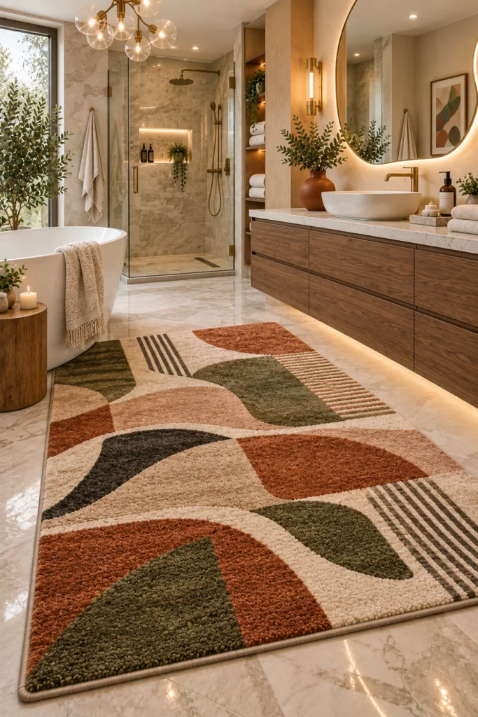Bold patterned bathroom rug featuring a sophisticated abstract design in a colorful contemporary 2026 bathroom with floating vanity, marble-look tile, LED mirror, and designer decor.