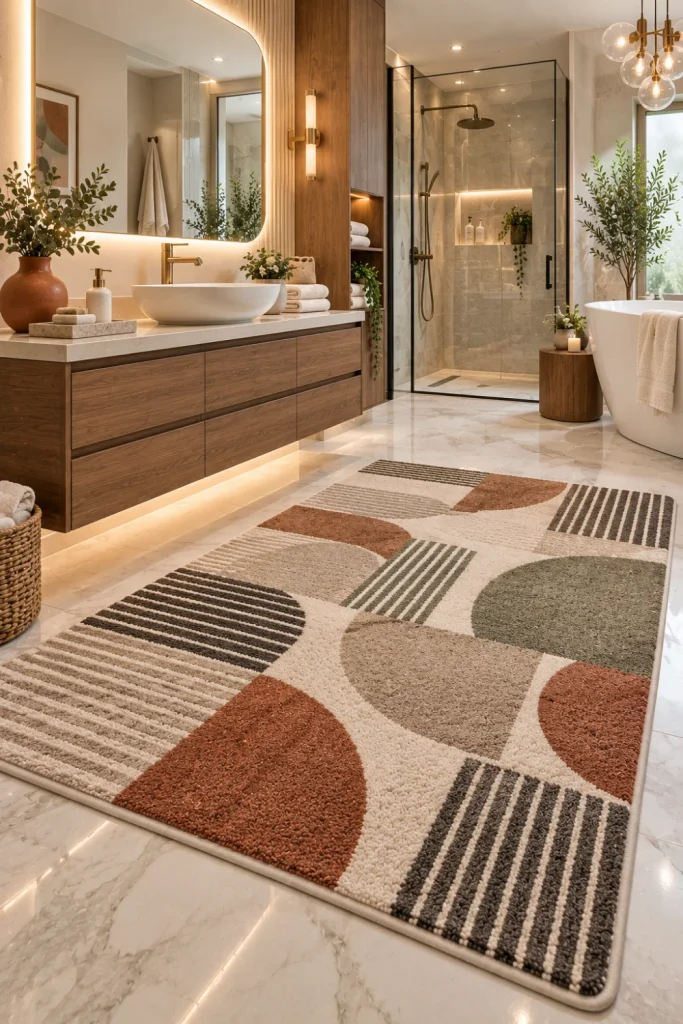 Modern geometric bathroom rug with a stylish abstract pattern in a contemporary 2026 bathroom featuring marble-look tile, floating vanity, illuminated mirror, and designer lighting.