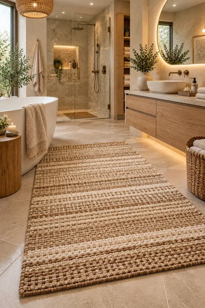 Natural-look textured bathroom rug with woven and ribbed detailing in an organic modern 2026 bathroom featuring warm wood cabinetry, stone tile, LED mirror, and natural decor.