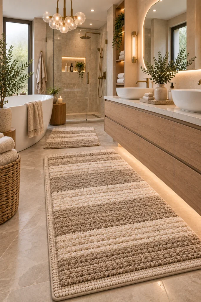 Layered neutral bath mats in cream, beige, and taupe styled in a luxurious modern 2026 bathroom with a warm wood vanity, stone tile, LED mirror, and coordinated textures.