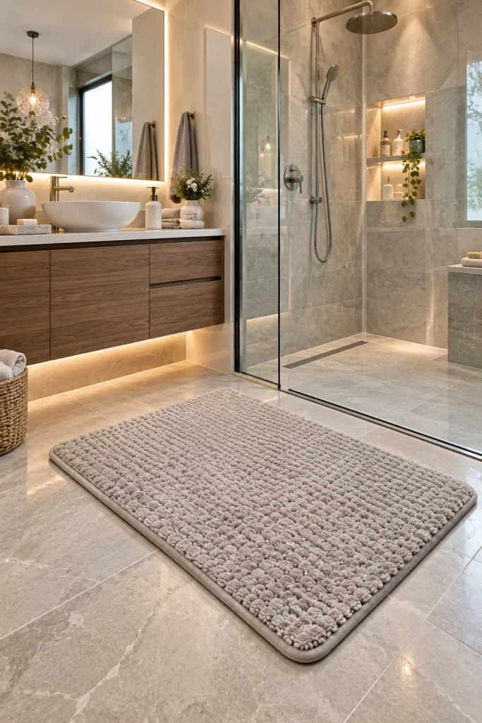 Stylish non-slip bathroom mat beside a modern walk-in shower in a contemporary 2026 bathroom with a secure textured rug design, floating vanity, stone tile, and warm LED lighting.