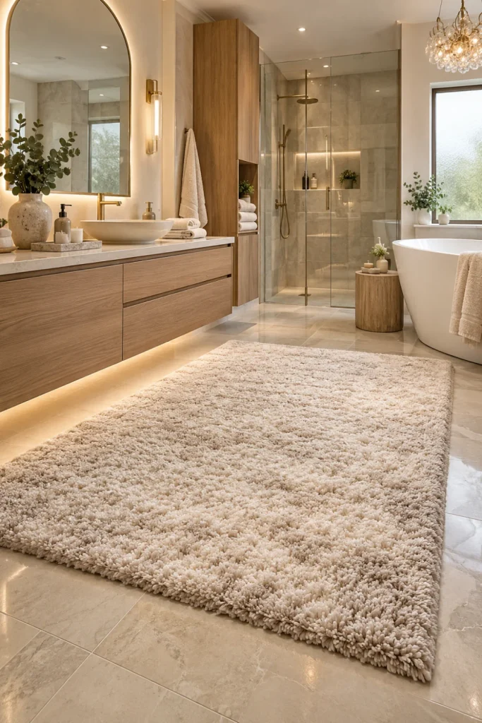 Plush neutral bathroom rug in ivory, beige, and taupe styled in a luxurious modern 2026 bathroom with warm wood vanity, marble-look tile, contemporary lighting, and spa-inspired decor