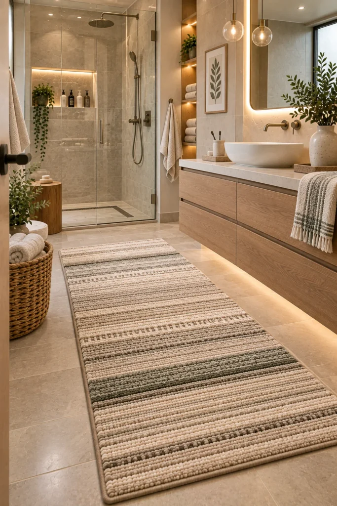 Quick-drying practical bathroom rug in a stylish modern 2026 bathroom beside a walk-in shower, featuring textured flooring, a floating vanity, an LED mirror, and an easy-care contemporary design.