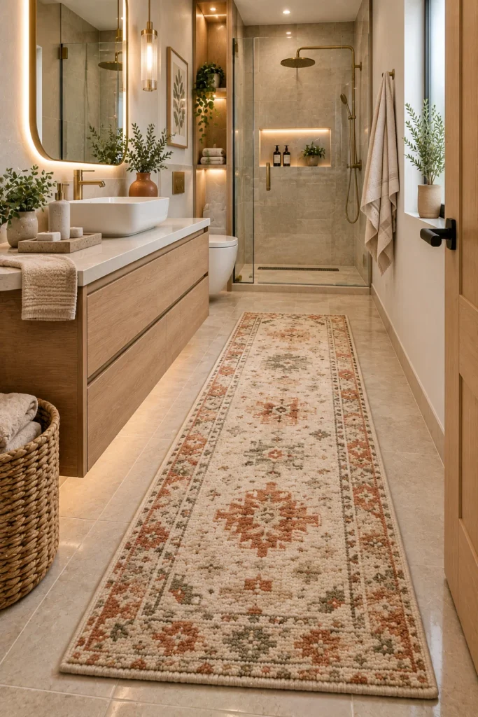 Slim modern bathroom runner rug in a stylish small 2026 bathroom with warm beige tones, floating vanity, wall-mounted mirror, contemporary tile, and space-saving design.