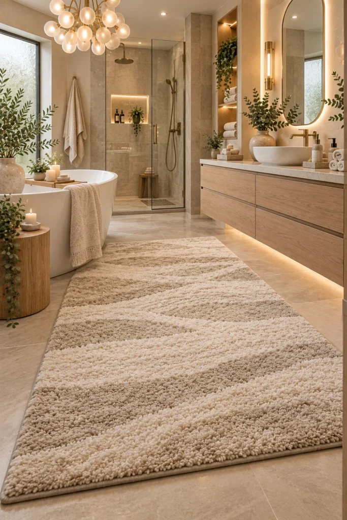 Spa-inspired bathroom carpet in a luxurious modern 2026 bathroom with soft ivory and taupe tones, freestanding tub, floating vanity, LED mirror, natural stone tile, and elegant lighting.