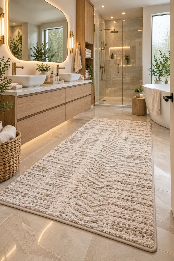 Elegant washable bathroom rug in a modern 2026 bathroom with warm neutral colors, floating vanity, contemporary tile, LED mirror, and practical easy-care styling.