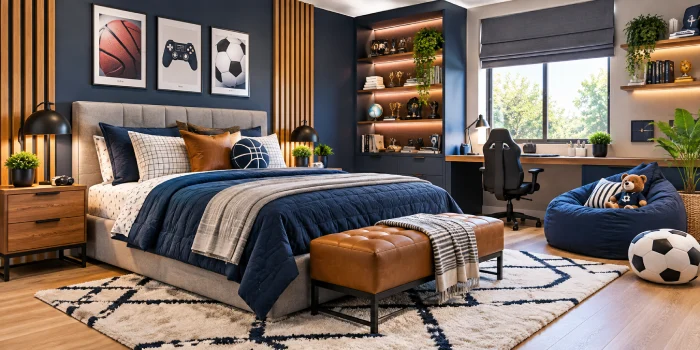 Modern boy room bedroom featuring navy blue bedding, wood accents, sports decor, a study desk, built-in shelving, and cozy contemporary styling.