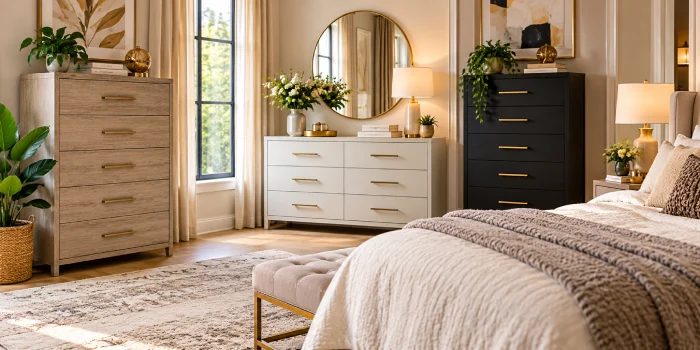 Modern bedroom featuring a stylish chest of drawers with elegant finishes, warm vibrant tones, layered lighting, and contemporary decor for a polished bedroom makeover.