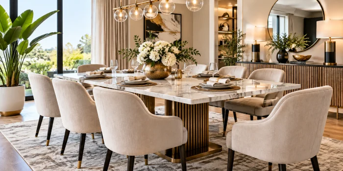 Modern dining room featuring an elegant marble dining table, upholstered chairs, warm lighting, stylish decor, and contemporary luxury design inspiration.